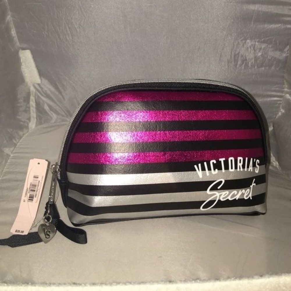 Victoria's Secret Metallic Pink Silver Striped makeup bag NWT
